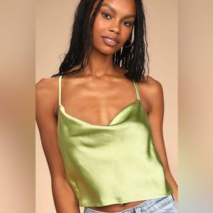 Lulu’s Hold Onto Love Lime Green Satin Cowl Neck Cami Tank Top